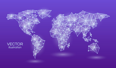 Abstract world network connect map in a triangular shape violet neon light. On a purple background. Vector stock illustration.