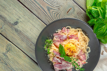 Pasta Carbonara. Spaghetti with bacon, parsel and parmesan cheese
