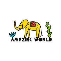 Travel card concept with elephant and text. Doodle style