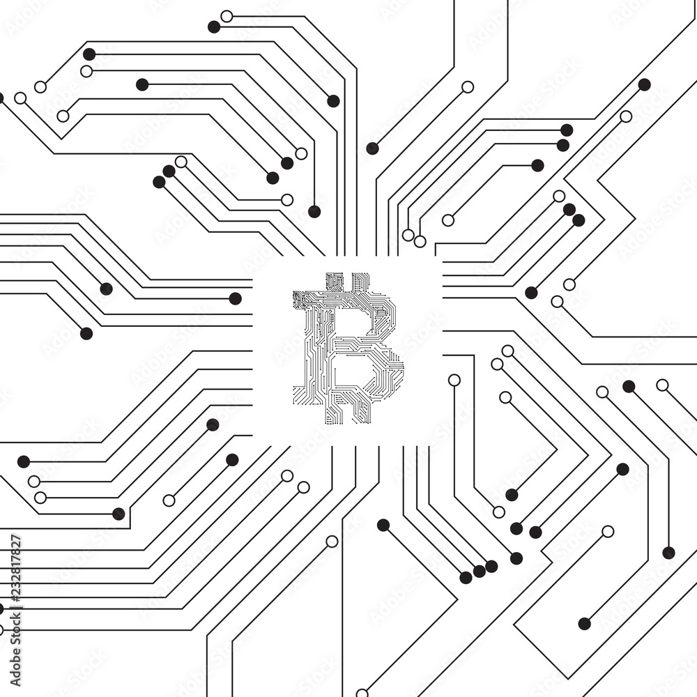 Poster vector : electronic circuit inside bitcoin symbol with electronic circuit background
