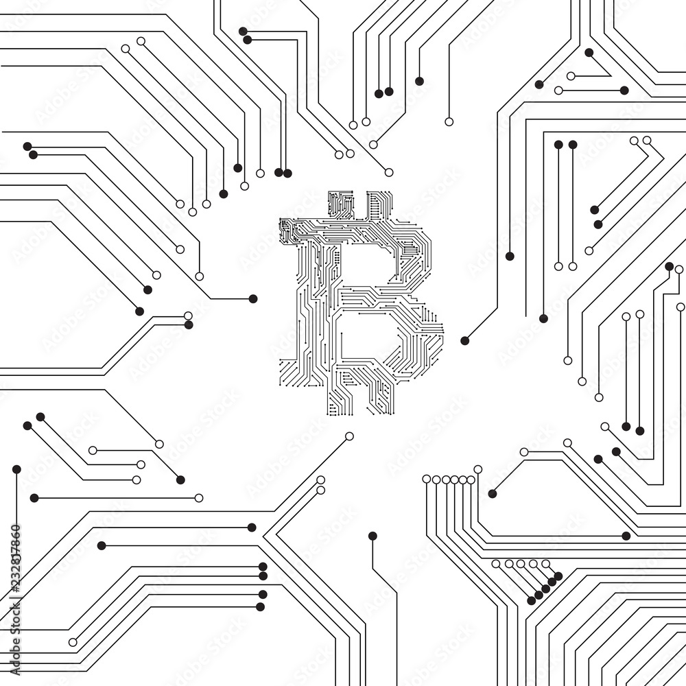 Poster vector : electronic circuit inside bitcoin symbol with electronic circuit background