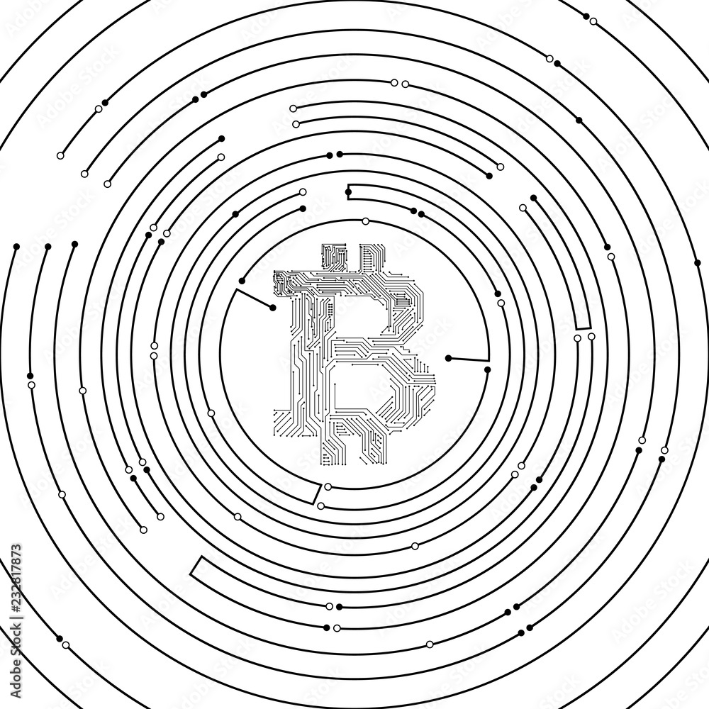 Poster vector : electronic circuit inside bitcoin symbol with electronic circuit background