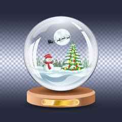 Transparent Christmas snow globe with snowman and Christmas fir tree. Vector stock Xmas gift glass ball illustration.
