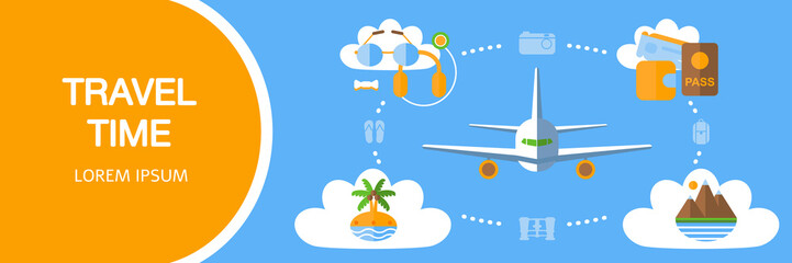 Vector illustration. Flat design style icons of traveling on airplane or car, planning a summer vacation, tourism and journey objects and passenger luggage. Elements with text for banner.