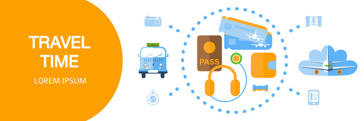 Vector illustration. Flat design style icons of traveling on airplane or car, planning a summer vacation, tourism and journey objects and passenger luggage. Elements with text for banner.