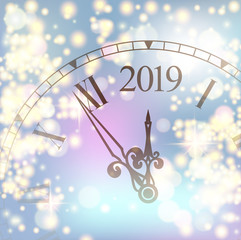Golden shiny bokeh New Year 2019 luxury premium light template with golden poster with clock and lights. Vector background. 2019  lettering. Happy New Year card design. Vector illustration EPS 10 file