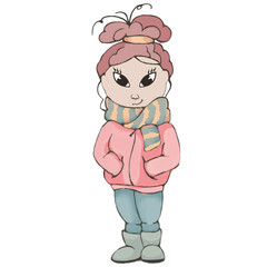 Girl in a pink winter jacket. Woman cartoon isolated on white background.