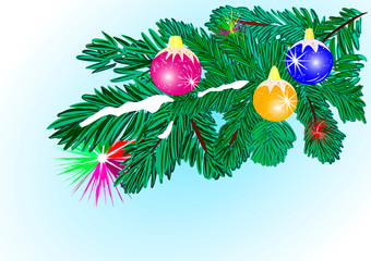 Flat pattern Christmas tree and decorations. Gold, red, blue Christmas balls. Vector