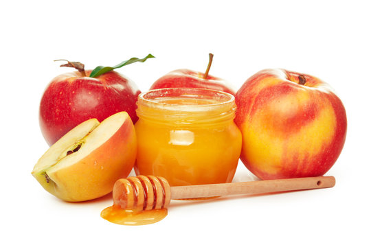 Apples And Honey Jar For Jewish New Year Holiday Isolated On White Background