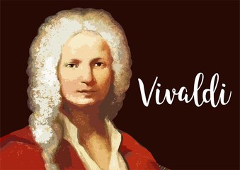 Antonio Vivaldi - portrait of great composer with vector signature - obrazy, fototapety, plakaty