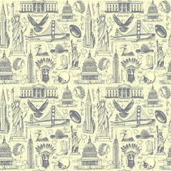 Seamless background with sketches of symbols of the USA