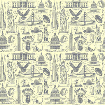 Seamless background with sketches of symbols of the USA