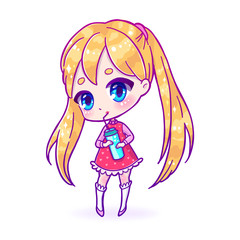Cute vector illustration. Kawaii Anime girl. Big eyes.