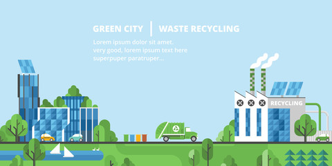 Ecology landscape. Green city, waste recycling. Flat style.
