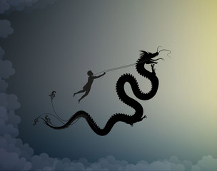 young man catching the fairy dragon and holding it on the thread, battle on the sky with dragon, scene from the fairytale in the dreamland, hero, black and white,