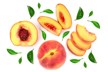ripe peaches with leaves isolated on white background. Top view. Flat lay pattern