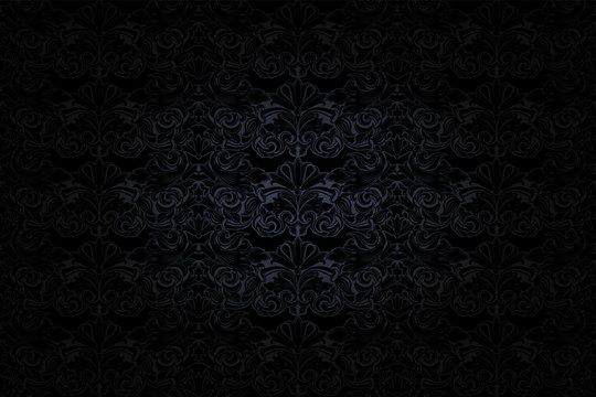 vintage Gothic background in dark grey and black with classic Baroque pattern, Rococo with darkened edges, vector Eps 10