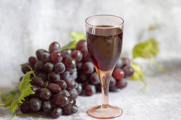 Bunch of ripe red grapes with a vine and a glass of red wine isolated on a gray background