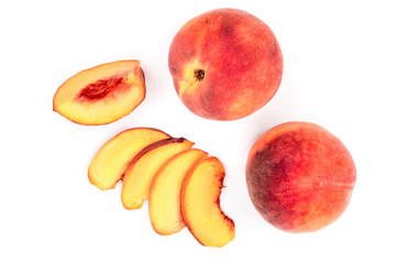 ripe peaches isolated on white background. Top view. Flat lay pattern