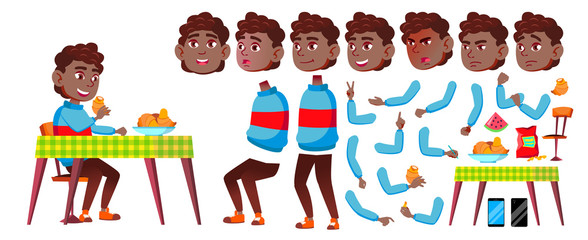 Boy Schoolboy Kid Vector. Black. Afro American. High School Child. Animation Creation Set. Face Emotions, Gestures. Children. For Web, Poster, Booklet Design. Animated. Illustration