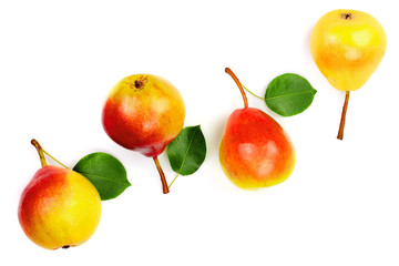 ripe red yellow pear fruits with leaf isolated on white background. Top view. Flat lay pattern