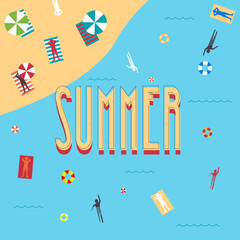 Fototapeta na wymiar Summer on the beach top view illustration in flat style