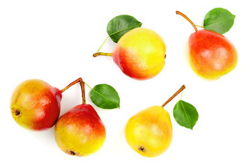 ripe red yellow pear fruits with leaf isolated on white background. Top view. Flat lay pattern