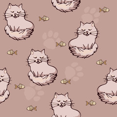 Cute seamless background with cat and fishes.