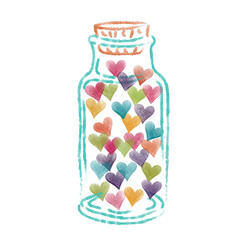 Valentine colorful heart in the blue bottle,water color painting picture.