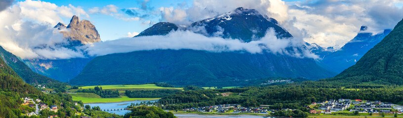 Panoramic view From Romsdalseggen on Andalsnes City, Mountain Landscape and Fjord View From Rampestreken, Rauma Municipality in More og Romsdal county, Norway.