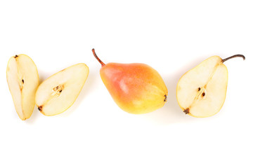 ripe red yellow pear fruits isolated on white background with copy space for your text. Top view....