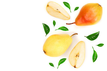ripe red yellow pear fruits with leaves isolated on white background with copy space for your text. Top view. Flat lay pattern