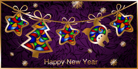 The pig is the symbol of 2019. Christmas greeting card with garland, Golden figures of Christmas trees, stars and a pig with stained glass effect on a dark purple patterned background. Vector Eps 10