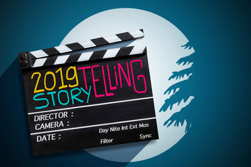 Naklejka premium 2019 story telling ,text title on movie Clapper board