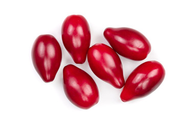 Red berries of cornel or dogwood isolated on white background. Top view. Flat lay