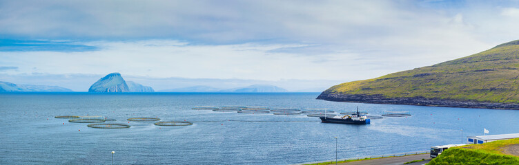 Salmon farm rings floating on calm water,Atlantic Ocean,  Faroe Islands (Faroes), Denmark, Europe