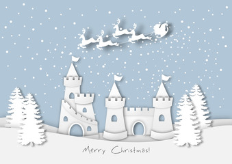 Obraz na płótnie Canvas paper art of the big castle in winter season, santa claus in blue sky background,Christmas,Festival,vector