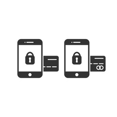 Smartphone payment glyph flat vector icon. Online banking secure and safe payment concept icon. Mobile phone with padlock and credit debit card.
