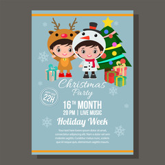 cute christmas blue party poster with kid costume reindeer and snowman