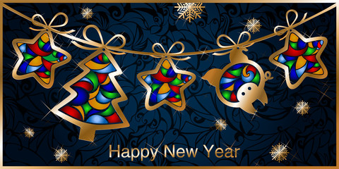 The pig is the symbol of 2019. Christmas greeting card with garland, Golden figures of Christmas trees, stars and pigs with stained glass effect on a dark blue patterned background. Vector EPS 10