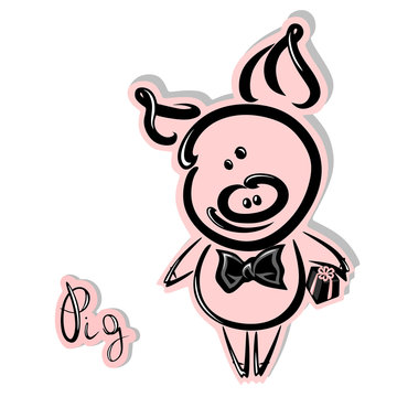 smiling cartoon piggy with gift in hand and in bow tie painted with brush, with lettering pig