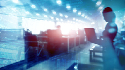 Abstract businessmen in spacious office interior on city background. Double exposure