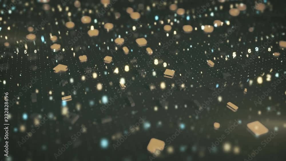 Poster abstract geometric shapes and big data. random glowing symbols and flowing numbers. science fiction 
