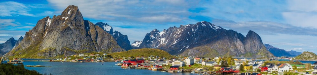 Fototapeta premium Panoramic Shot of Reine Village on Lofoten Islands, Northern Norway. Mountain In Background