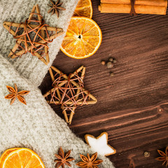 Winter and New Year theme. Spices, orange, cinnamon, anise