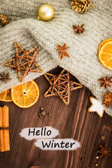 Winter and New Year theme. Spices, orange, cinnamon, anise