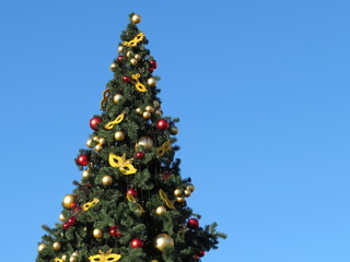 Christmas tree isolated on clear blue sky background. Fir tree with christmas decorations, New year toys