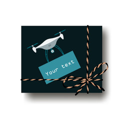 Hand drawn gift present box with tied string bow and drone carring a note with copy space. Wrapping diy idea. Cyber monday. Vector illustration. Top view