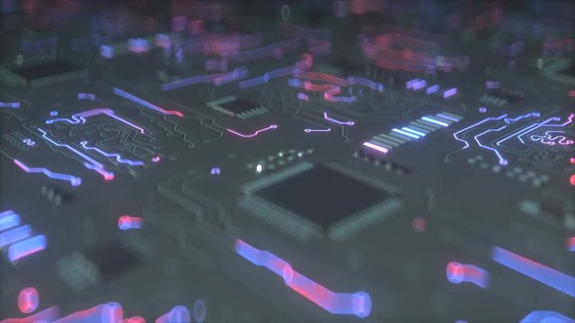 Futuristic electronic PCB Printed circuit board. Abstract futuristic computer graphics. Seamless loop 3D render animation with DOF
