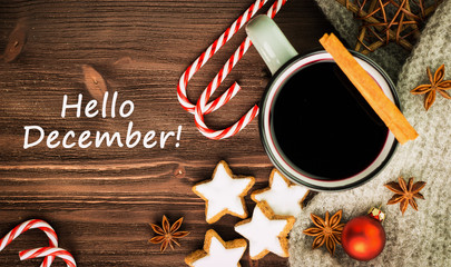 Winter theme. Hot steaming cup of glint wine with spices